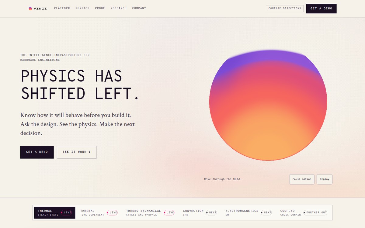 Currently-on-brand homepage direction: Vinci’s existing type and palette carrying the same story